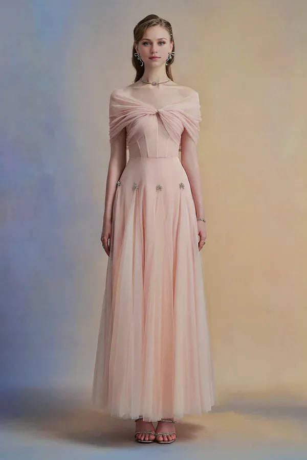 Robe Weitese vintage rose blush, coupe trapèze, corset, tulle, longueur cheville, épaules dénudées, robe de soirée plissée
